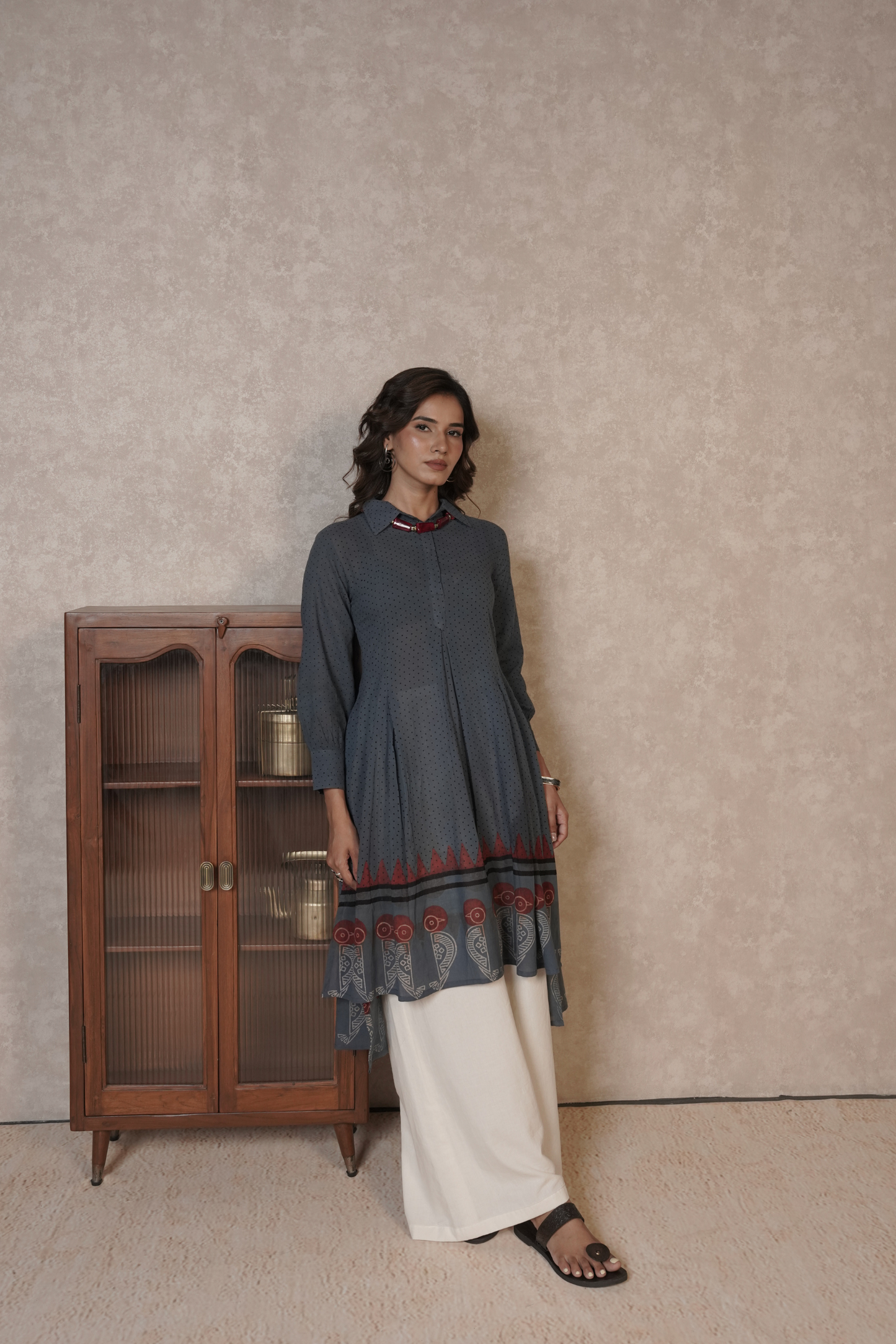 Charcoal Grey Printed Ajrakh Cotton Kurta Plazo Set – Emberveil