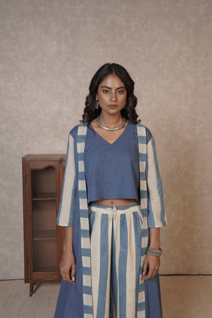 Blue Ivory Striped Ajrakh Cotton 3-Piece Co-ord Set – Azure Driftline