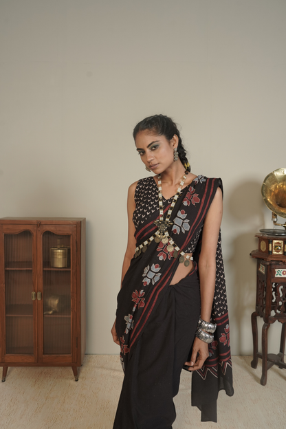 Midnight Vana Ajrakh Cotton Saree – Tamsa