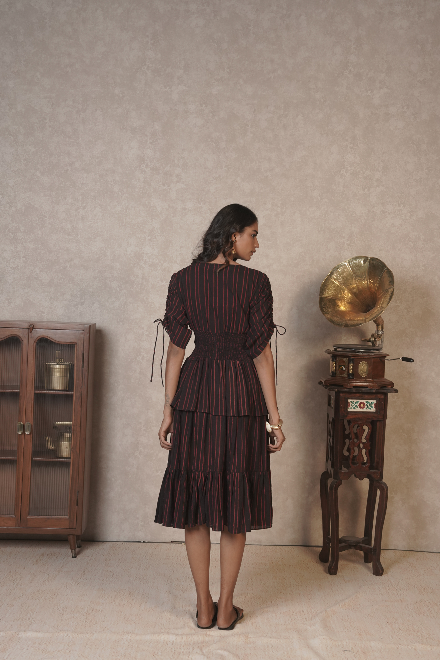 Crimson Pinstripe Cascade – Black Ajrakh Cotton Dress