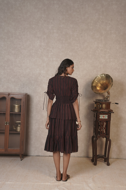 Crimson Pinstripe Cascade – Black Ajrakh Cotton Dress