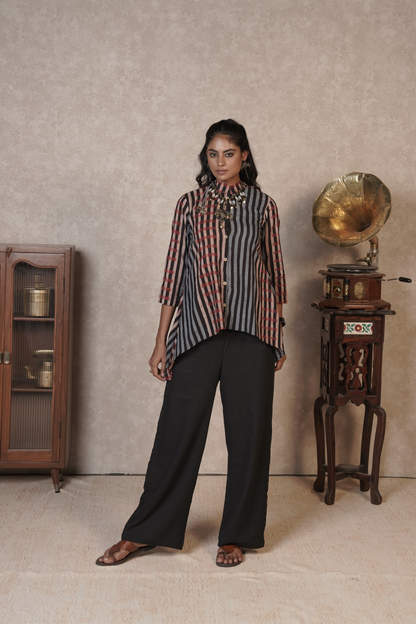 Kairo Panel Stripe Ajrakh Cotton Co-ord Set – Charcoal Rust