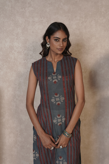 Bloomline Sleeveless Ajrakh Cotton Kurta Plazo Set – Ash Blue