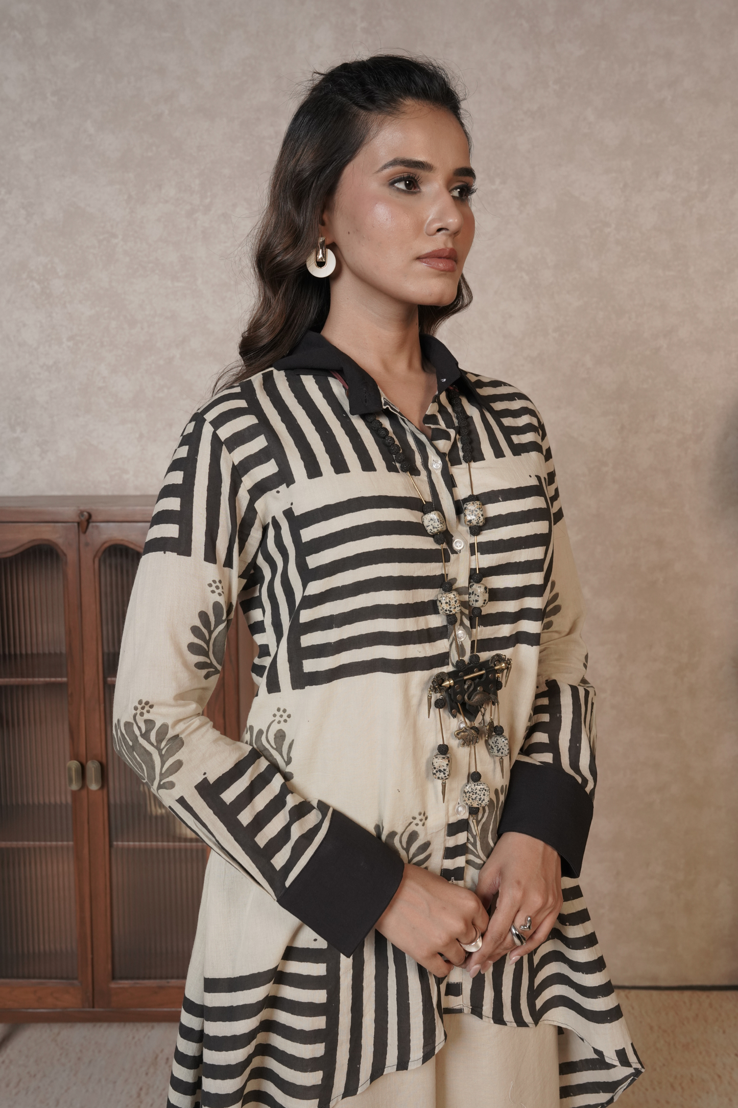 Veyra Asymmetrical Stripe Ajrakh Cotton Co-ord Set – Desert Ink