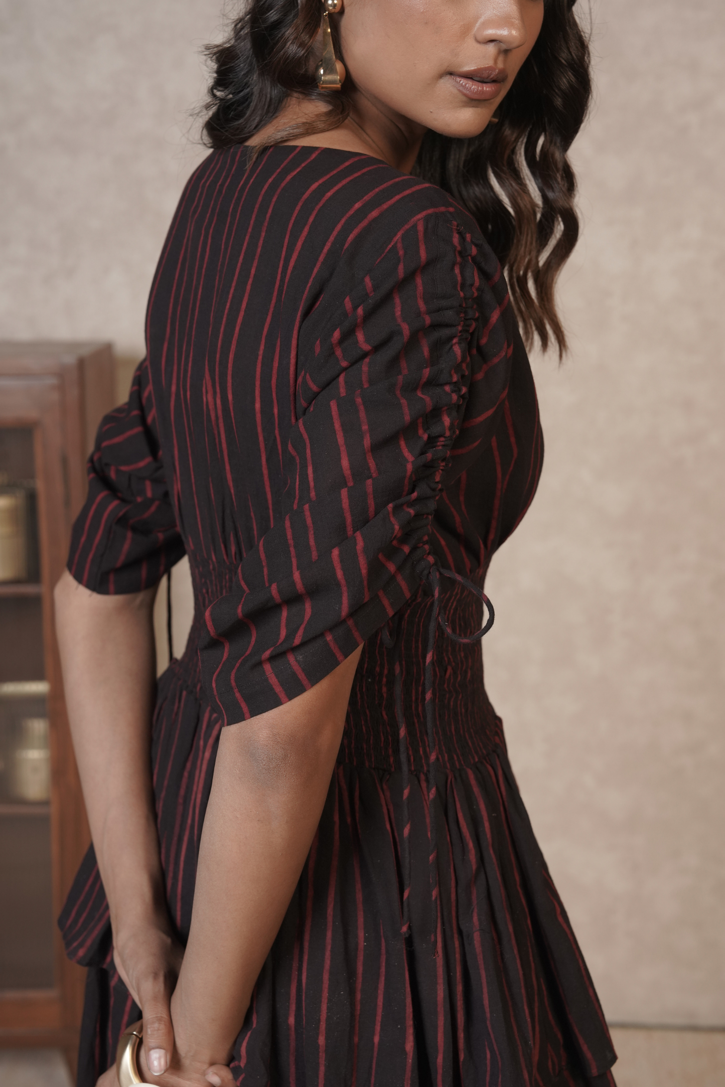 Crimson Pinstripe Cascade – Black Ajrakh Cotton Dress