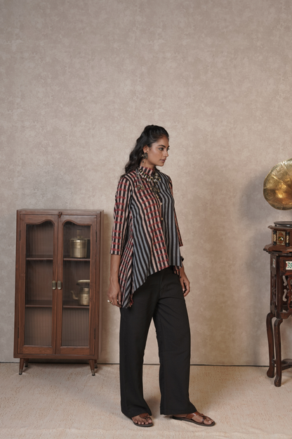 Kairo Panel Stripe Ajrakh Cotton Co-ord Set – Charcoal Rust