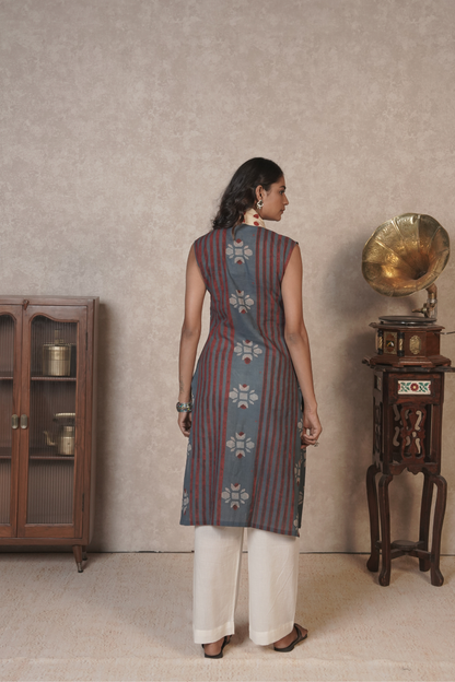 Bloomline Sleeveless Ajrakh Cotton Kurta Plazo Set – Ash Blue