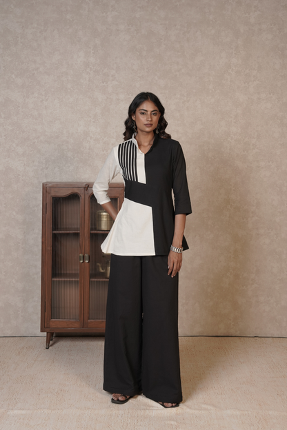 Black Ivory Panelled Ajrakh Cotton Co-ord Set – Monochrome Lineform
