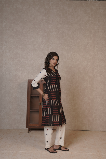 Noir Grid Ajrakh Cotton Kurta Bottom Set – Ira