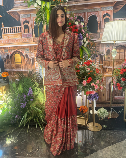 Red Ajrakh Saree + Meetha Khara Blazer