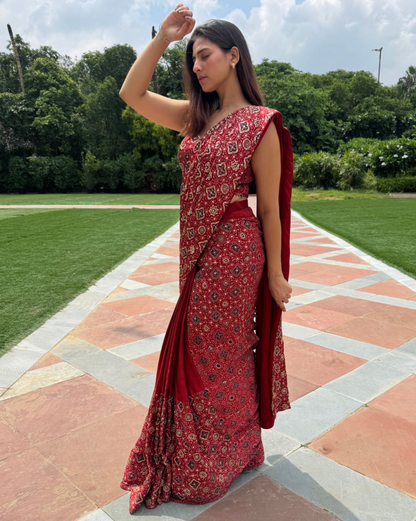 Red Ajrakh Saree