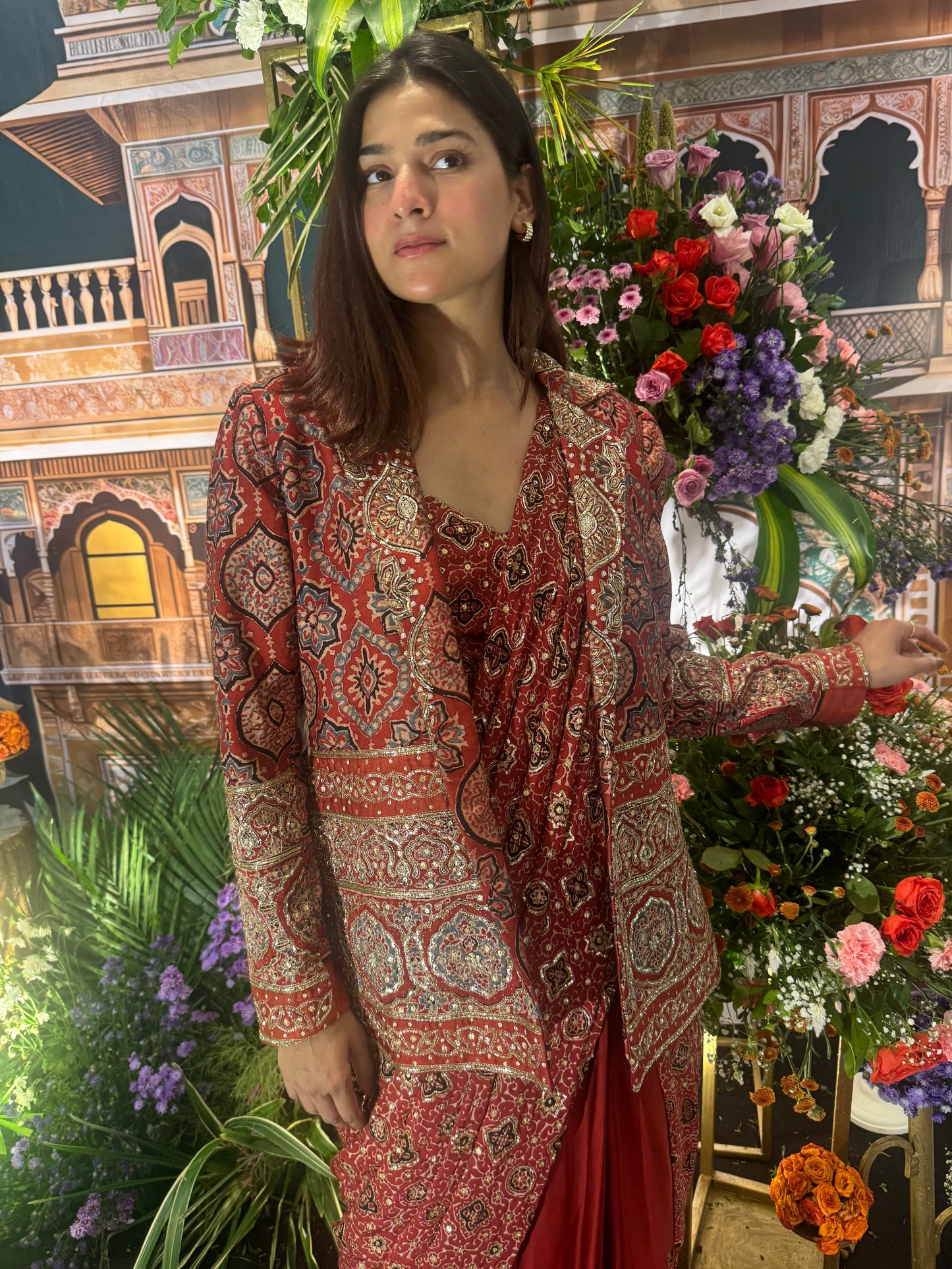 Red Ajrakh Saree + Meetha Khara Blazer